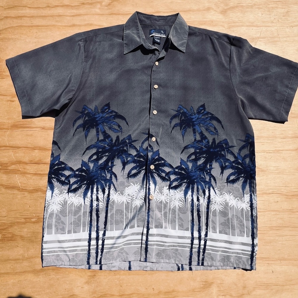 Extreme Gear Mens Large Tropical Palm Tree Border Print Button Down Shirt Grey